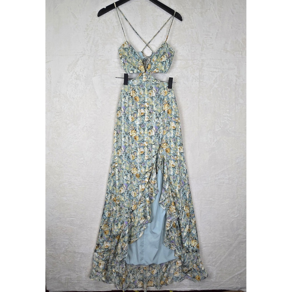Hello Molly Blue Floral Cutout Lace Up Back Ruffle Maxi Dress US 2 XS